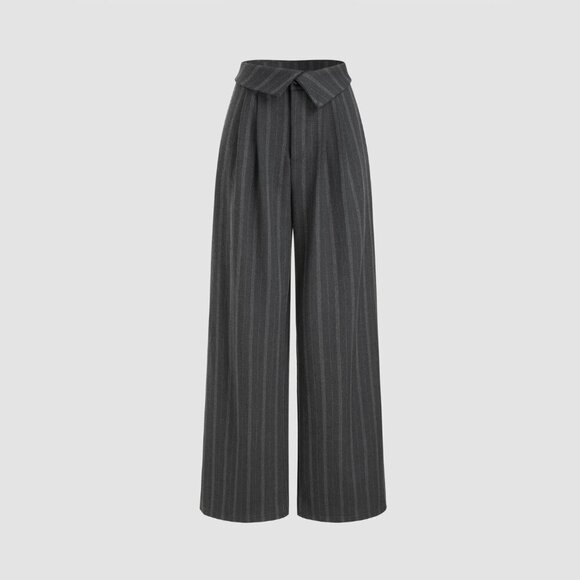 Cider Pants - Cider Fold Over High Rise Wide Leg Striped Trousers / Pants with Pockets